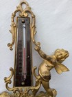 Antique Victorian Ornate Winged Cherub Gold Gilt Desk Thermometer 