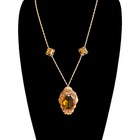 1930s Czech Art Deco Pendant   Necklace Large Facted Amber Glass Brass Filigree