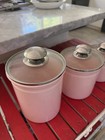 Vintage Pomerantz 3pc Pink Enamel Canister Set Baking Flour Sugar Kitchen 