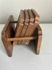 Vintage Set Of 4 Wood And Cork Large Coasters And Stand Mid Century Modern