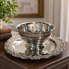 Georgian Scroll Style Silverplate Gravy Sauce Dip Bowl Attached Tray Vintage