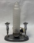Antique Art Deco Nouveau Chrome Lady Lamp W Skyscraper Torpedobullet Glass Shade