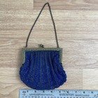 Vintage Cobalt Blue Beaded Evening Bag Kiss Lock Shell Purse Antique Brass Frame