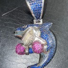Silver Plated Shark  Pendant Blue Pink Rhinestones W  Large Bail  Brass