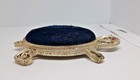 Vintage Gold Ormolu Turtle Blue Velvet Pin Cushion With Red Rhinestone Eyes