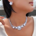 Silver Plated Big Pearl Flower Necklace And Earrings Zirconia Bridal Jewelry Set