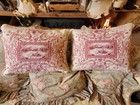 Vintage French Style Cross Stitch   Velvet Pillows Set Of 2 Toile Red And Ivory
