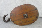 Vintage J Young Large Wood Block And Tackle Barn Pulley Rustic Antique Hook