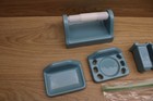 Vtg-  Style Light Blue Ceramic Bathroom Set 7 Pc Tp Holder Soap Dish W hardware