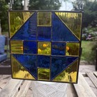 Handmade Geometric Stained Glass Suncatcher Blue Amber Window Panel 8    X 7 5   
