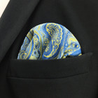 Shlax wing Mens Silk Pocket Square Blue Yellow Paisley Large For Wedding Party