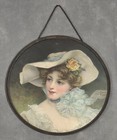 Antique Beautiful Woman Lithograph Chimney Flue Cover Round Blue Bow