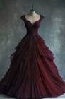 Gothic Wedding Dresses Beaded Ruched Lace Tiered Tulle A Line V Neck Bridal Gown