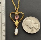 Antique Art Nouveau 12k Gf Heart Lavalier Necklace Pink Stone Natural Pearl