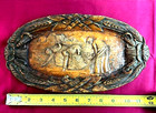 Vintage Carved Wood Oval Tray Wall Plaque Rustic Harvest Relief Scene Folk Art