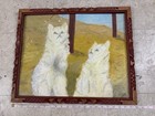 Two Vintage Cat Paintings Signed Oil Board Matching Frame Carved Mid Century