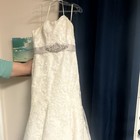 White Lace Beaded Sleeveless V Neck Mermaid Wedding Dress 100  Polyester Size 10