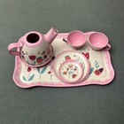 Kids Pink Floral Tin Tea Set 10 Piece Pretend Play Teapot Tray Cups