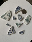 Vintage Sea Glass Tumbled Pottery - Green Blue  Patterns Pendants Mosaics 9pcs