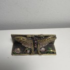 Vintage Metal Enamel Business Card Holder Floral Flowers Butterfly Moth Crystal