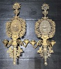 Antique Brass Cherub Angel Motif 2 Arm Wall Sconce Candle Holder Pair