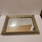 Vintage Vanity Mirror Perfume Tray Gold Metal Floral Filigree Rectangle 14 X 10
