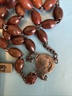 Vintage French Brass Rosary With Rose Carved Brown Wooden Beads France