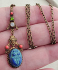Antique Egyptian Revival Scarab   Pharoah Face Czech Glass Cabon Neiger Necklace