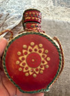 Unique Folk Art Leather Covered Flask Bottle With Cork And Lid Hand Decorated