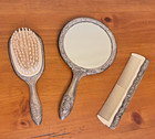 Silver Plated Vanity Set Vtg Hand Mirror Hair Brush Comb Victorian Art Nouveau