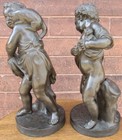 Pair Early French Antique Bronze Children With A Cat Birds And  Dogs Ex  Cond 