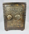 Vintage Cast Iron Safe Bank With Hinged Door   Ornate American Savings Bank   Ci