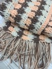 Handmade Afghan Small Throw Blanket Peach Pink Tan White Squares Fringe Knit