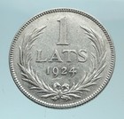 1924 Latvia Lions   Shield Genuine Vintage Silver European Lats Coin I78774