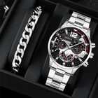 2pcs Men s New Popular Steel Strip Fashion Business Three Eye Quartz Watch Brace