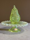 Fenton Art Glass Rare Vaseline Glass Pear Trinket Box With Ruffled Cake Plate