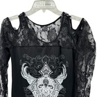 Womens Black Long Sleeve Gothic Shirt Size Medium Lace Sleeves Graphic Cross