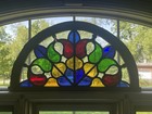 Vintage Arched Stained Glass Transom Panel With Wood Border Antique Style