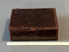 Antique Bronzed Leather Sewing Box Kit Scissors Emery Needle Case - As Found