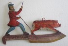 Antique Old Butchers Iron Tin Trade Advertisement Sign Pig On Knife Embossed