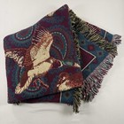 Vtg Woven Tapestry Throw Blanket Mallard Duck Paisley Fringe Burgundy Teal 47x70
