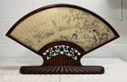 Antique Early 1800 s Chinese Qing Dynasty Hand Painted Hand Fan Carved Wood Base