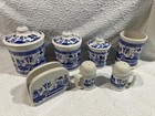 Vintage Blue Willow Transferware 3 Canister W lids  Utensil  Napkin  S   P Set