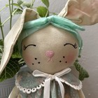 Handmade Bunny Rabbit Doll Plush     21    Fabric Doll With Green Hair Bow Floral