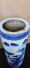 Antique Chinese  Blue   White Porcelain Hat Umbrella Stand Vase 12  Damaged