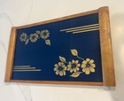 Vintage Mid Century Glass Cocktail Tray Blue Gold Flowers Bar Art Deco Retro
