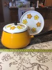 Vintage Fancipans Enamel Fondue Pot Yellow Orange Flowers Hippie 1970s France