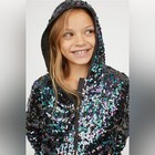 H m Girls Youth Teens Black Multi Sequined Street Fashion Hooded Jacket 12-14 Xs