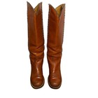 Vintage Frye Sabrina Brown Leather Braided Tall Knee High Western Boots Size 6