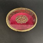 Vtg Ornate Gold Tone Glass Top Footed Casket Jewelry Trinket Box Velvet 4  3